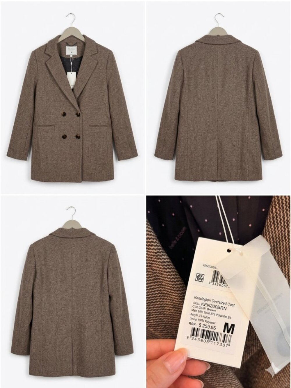 Belle & Bloom Kensington Oversized Coat Brown Wool Blend Size M NWT